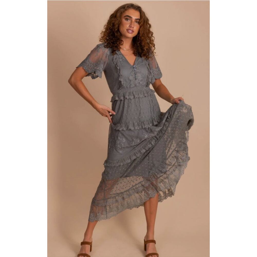 Bella Ella Boho Dress Maxi Floral Lace Overlay Ruffles V-Neck Green Size XL
